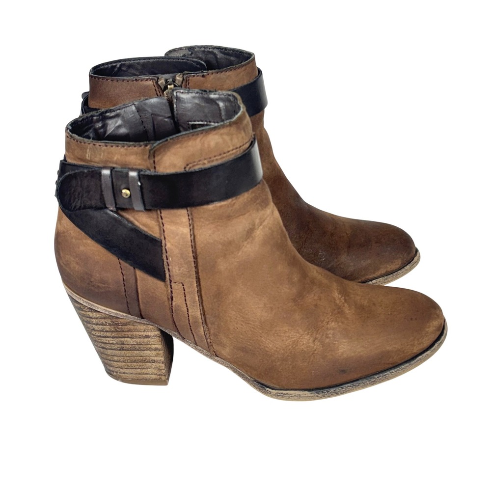 Franco Sarto Dotty Ankle Boots Brown Leather Buckle Strap Block Heel Womens 6
